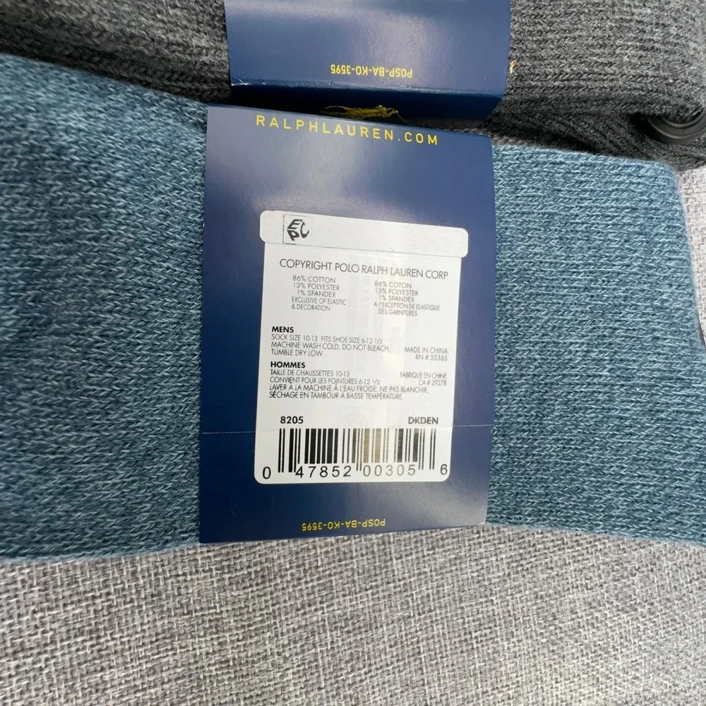 2 Pair of Polo Ralph Lauren Crew Socks Mens Sz 10-13 Grey Blue Ribbed Cotton NEW